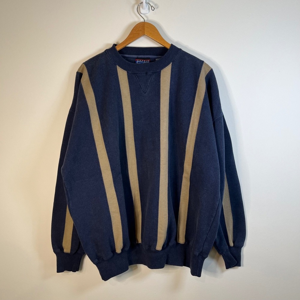 Crable Sportswear Vintage Navy Tan Striped Crewneck Sweatshirt Mens XL 90s Retro